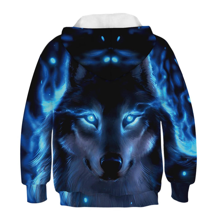 Kids Blue Fire Wolf 3d Hoodie Unisex Sweatshirt - mihoodie