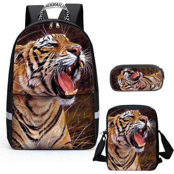 3 In 1 School Backpacks Teens Girls Boys Preschool Shoulder Bagpack+Cooler Warm Lunch Pouch+Zipper Closure Pencil Case Cool 3D Tiger Bookbags Sets - mihoodie