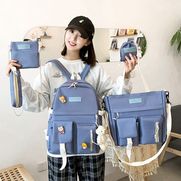 Jsvery 2022 New 5 Pcs Set Backpacks Cute School Bags For Teenage Girls Women Backpack Casual Canvas Teen Student Shoulder Bags Mochila Escolar - mihoodie