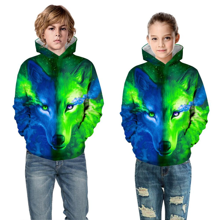 Kids Blue Wolf and Green Galaxy Hoodie - mihoodie