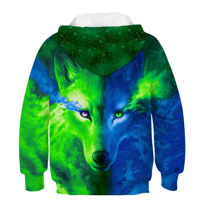 Kids Blue Wolf and Green Galaxy Hoodie - mihoodie