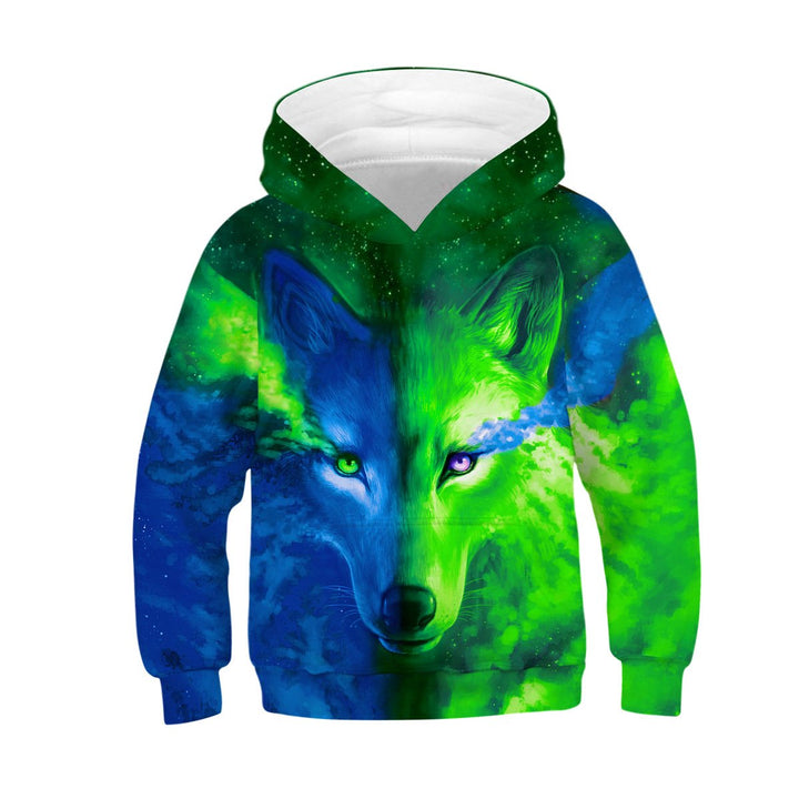 Kids Blue Wolf and Green Galaxy Hoodie - mihoodie