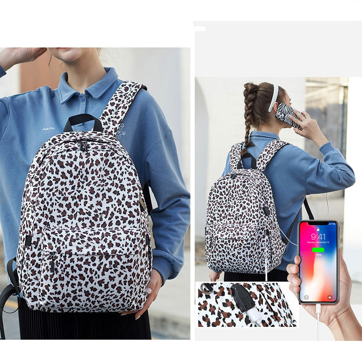 Stylish Leopard Printing Canvas Bookbag Set Girls 3 in 1 Backpack Set with USB Charging Port - mihoodie