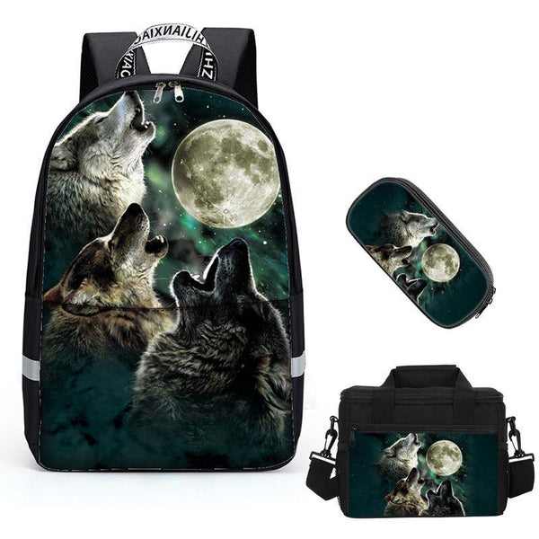 3 In 1 School Backpacks Teens Girls Boys Preschool Shoulder Bagpack+Cooler Warm Lunch Pouch+Zipper Closure Pencil Case Cool 3D Wolf Bookbags Sets - mihoodie